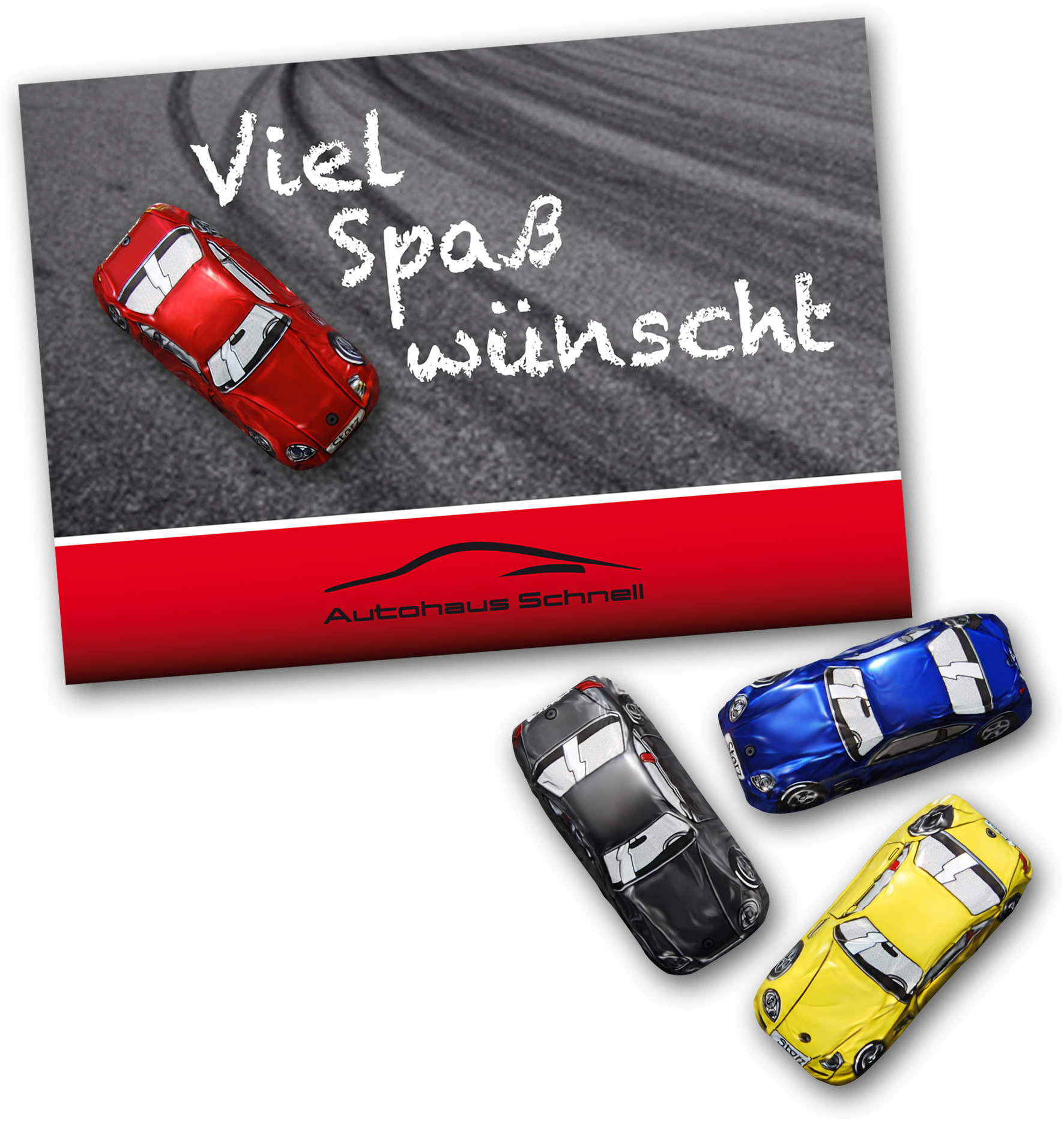 Grußkarte mit Schokoautos