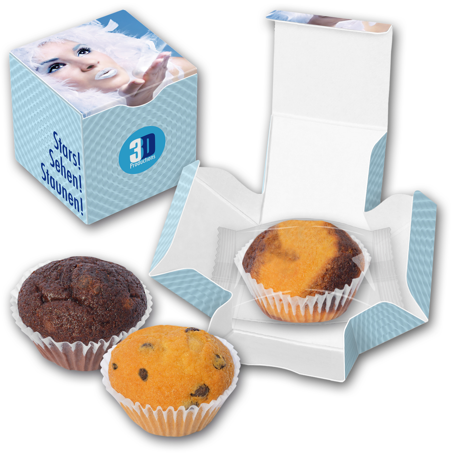 Minikuchen in bedruckten Karton