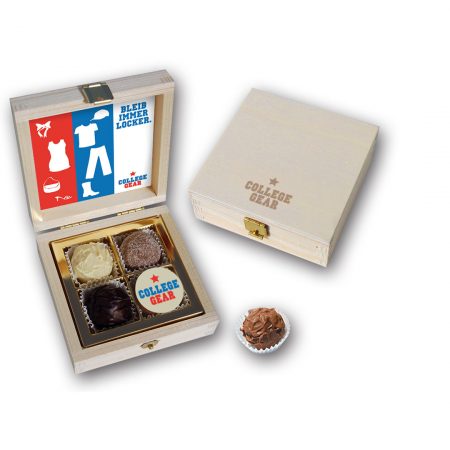 Trüffeltöpfchenmischung 4 mit Logo in Holzkiste 50g