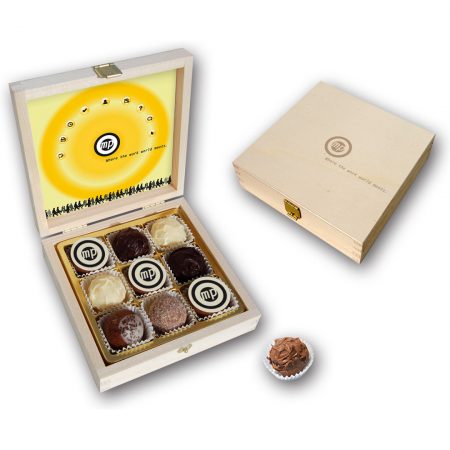 Trüffeltöpfchenmischung 9 mit Logo in Holzkiste 100g