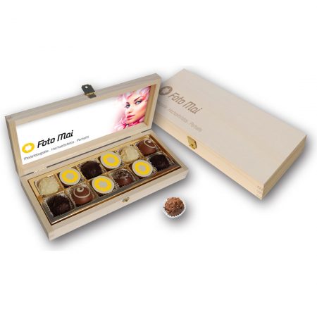 Trüffeltöpfchenmischung 12 mit Logo in Holzkiste 150g