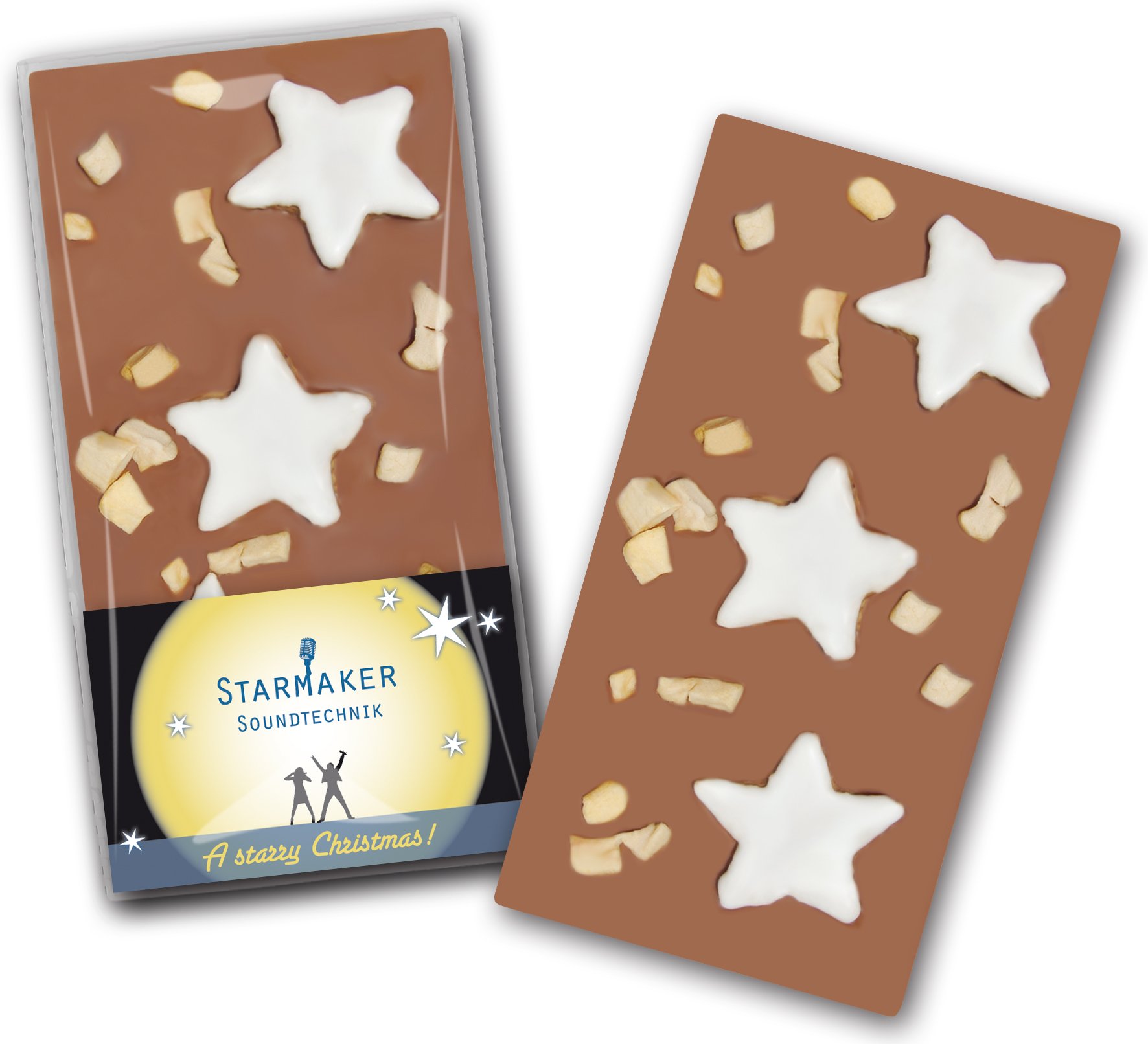 Schokoladentafel mit Zimtsternen und Apfel mit bedruckter Karte