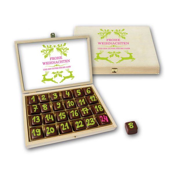 Dominosteinadventskalender 24er in Holzkiste 280g